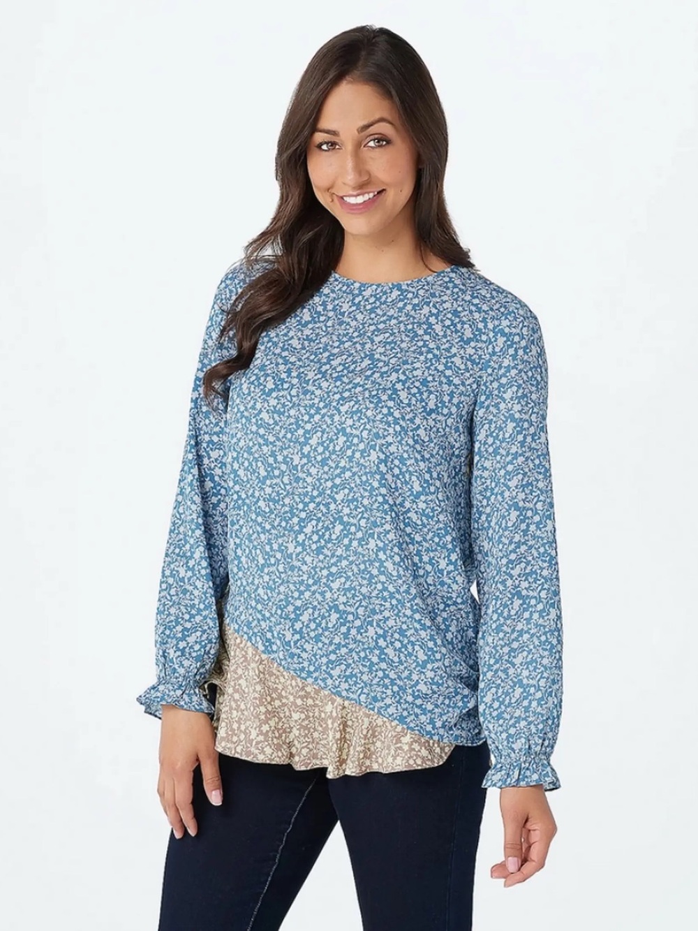 Blue Floral Long-Sleeve Yoryu Blouse Logo By Lori Goldstein